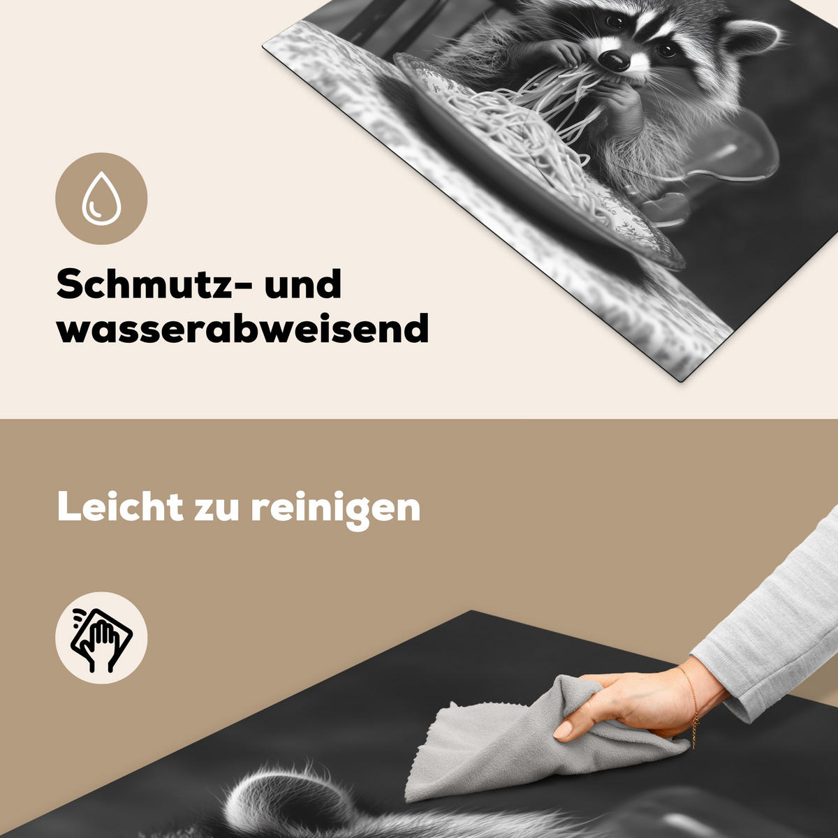 HERDABDECKPLATTE Waschbär - Niedlich - Pasta - Tischtuch - Schwarz - Weiß Herdabdeckung Induktionsfeld 75x52 cm - Grau, Kunststoff (75/52/0.2cm) - MuchoWow