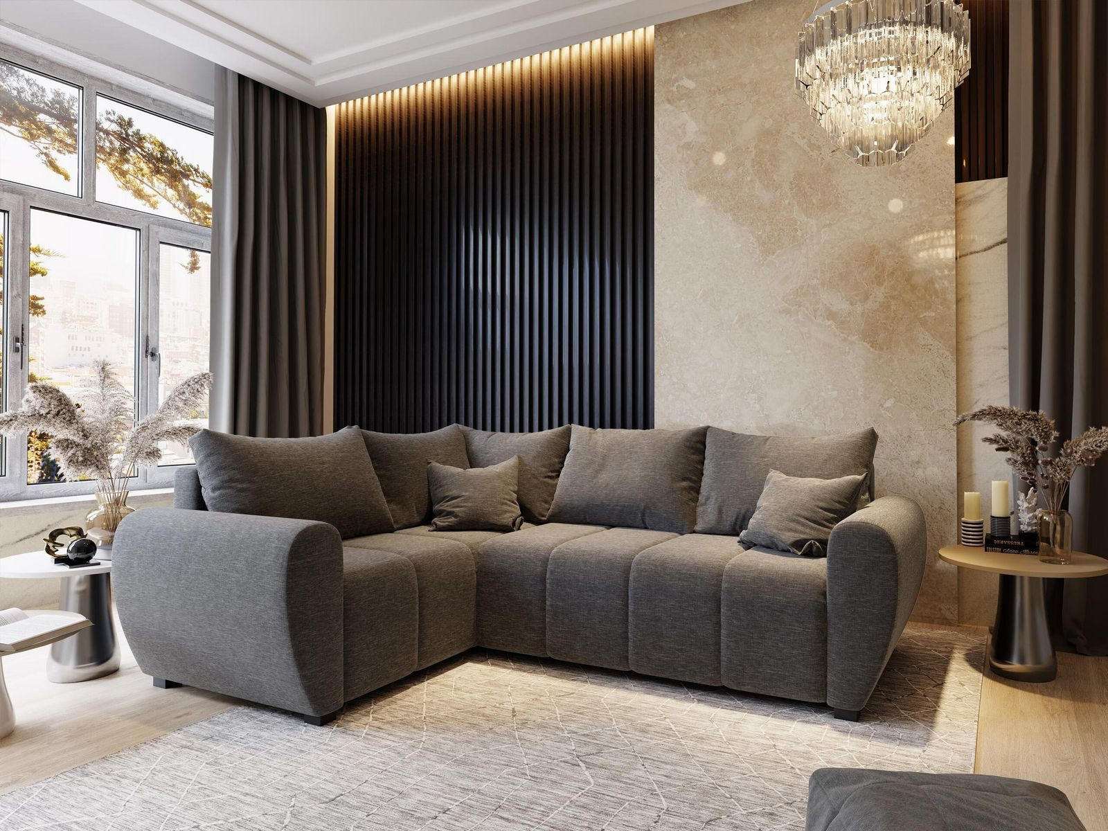 ECKSOFA MADISON L L-S Hellgrau Dünner Stoff mit Schlaffunktion - Hellgrau, Holz (235/175cm) - MASSENO