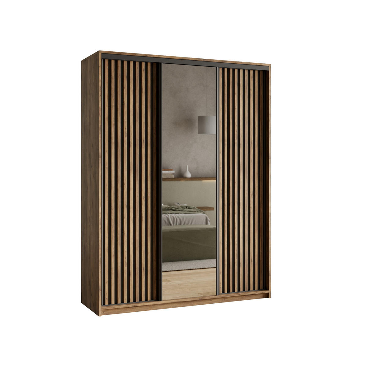 SCHWEBETÜRENSCHRANK ORRA 150/205/60 cm 3-türig mit Spiegel und Lamellen Eiche Lefkas - Eichefarben/Schwarz, Holzwerkstoff (150/205/60cm) - MASSENO