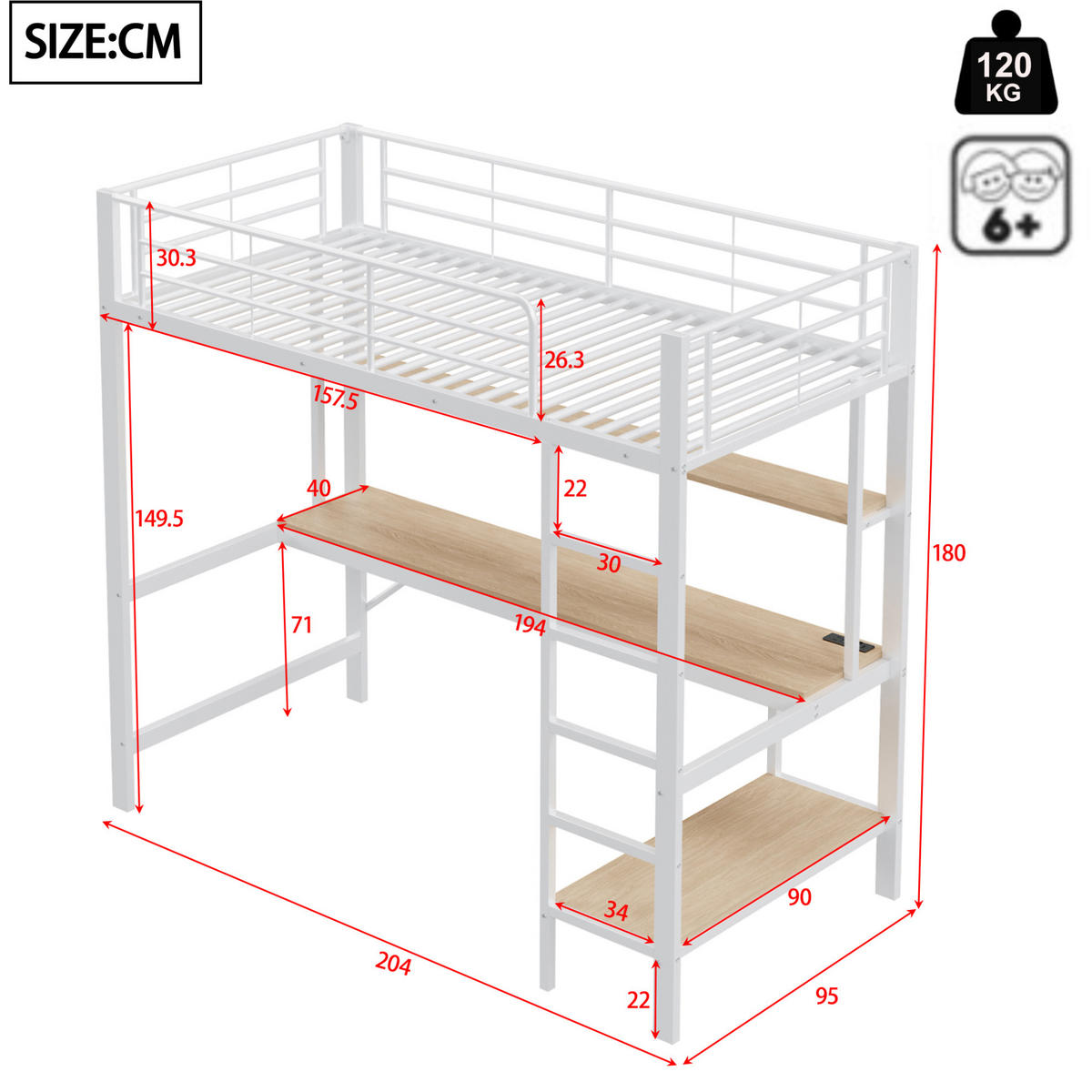HOCHBETT 90/200 cm in Weiß mit LED-Beleuchtung, Schreibtisch und Regal - Weiß, Metall (90/200cm) - Flora Grace