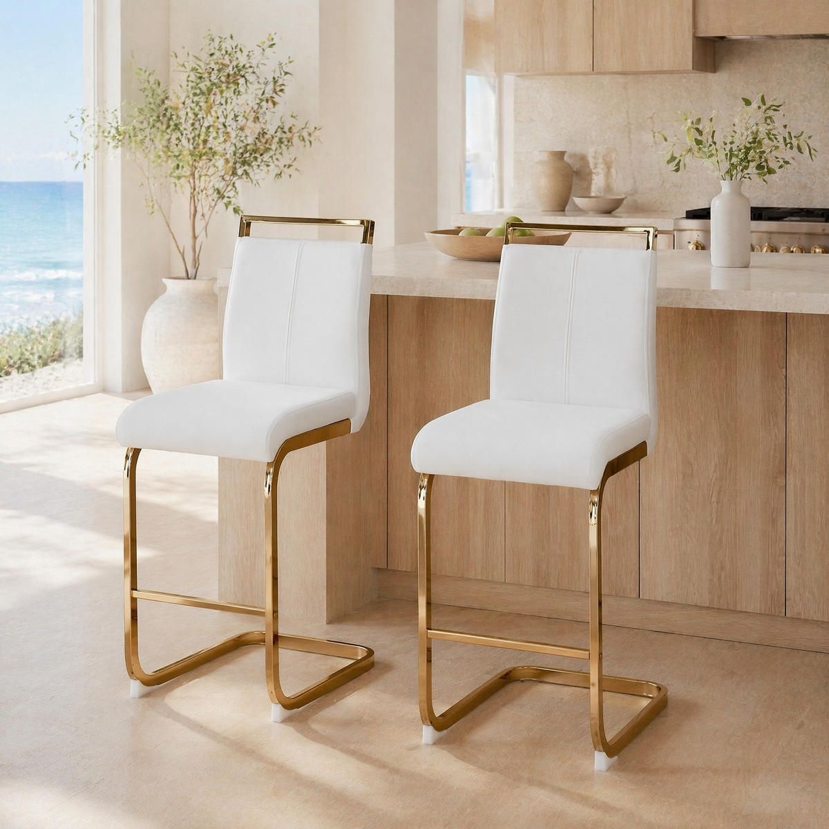 BARHOCKER 2er-Set Weiß/Gold mit Fußstütze - Weiß, Metall (46.5/96.5/39cm) - MIVRAY