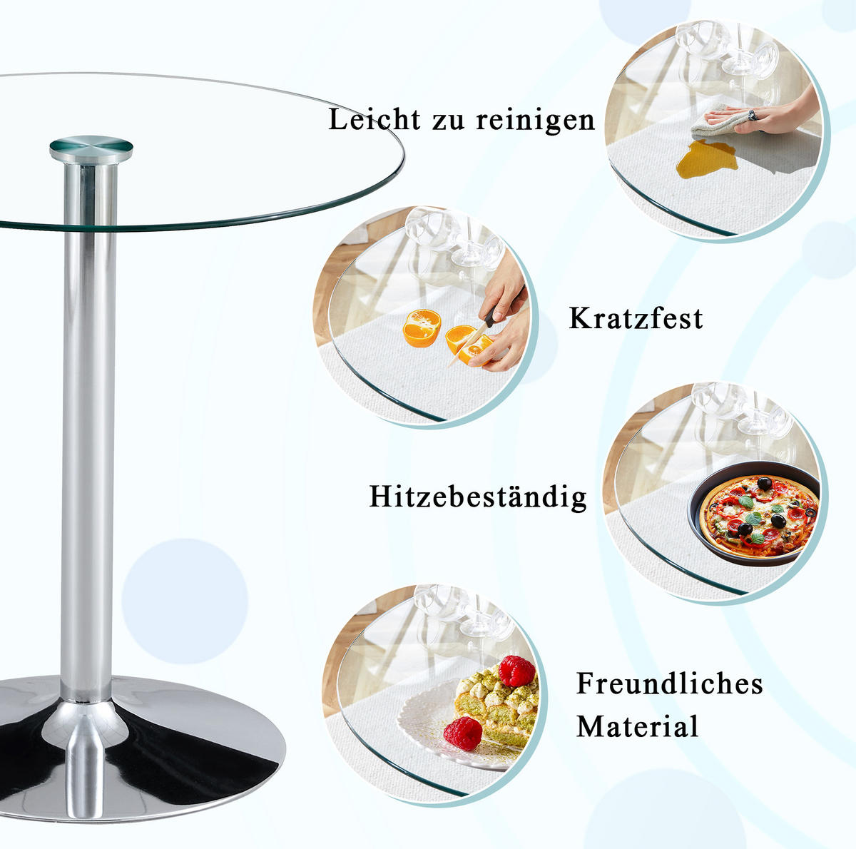 RUNDER Bartisch 89/89/92 cm mit Glasplatte und silberfarbenem Metallgestell - Silberfarben, Glas (89/89/92cm) - BEAOK