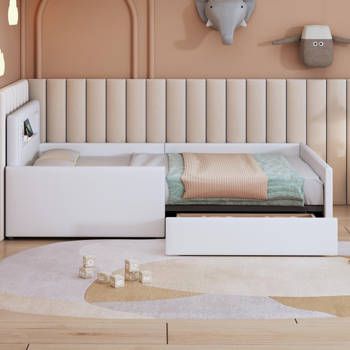 POLSTERBETT aus Kunstleder 90x200 cm in Weiß mit Nachtlicht & USB-Anschluss - Weiß, Leder (90/200cm) - Modfu