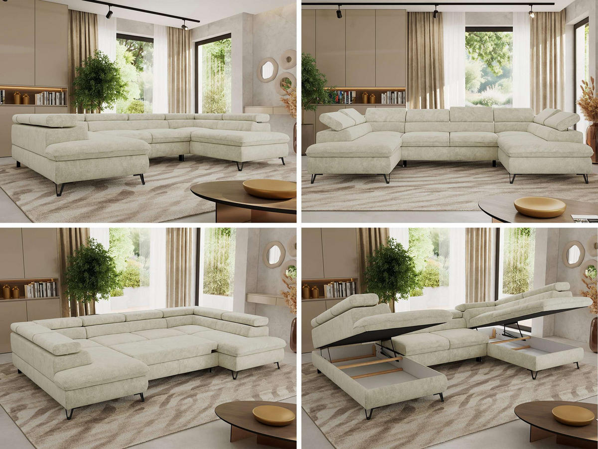 WOHNLANDSCHAFT PABLO U Schenille grob gewebt Creme mit Topper T25 - Creme/Schwarz, Textil/Metall (346/76/208cm) - MKS