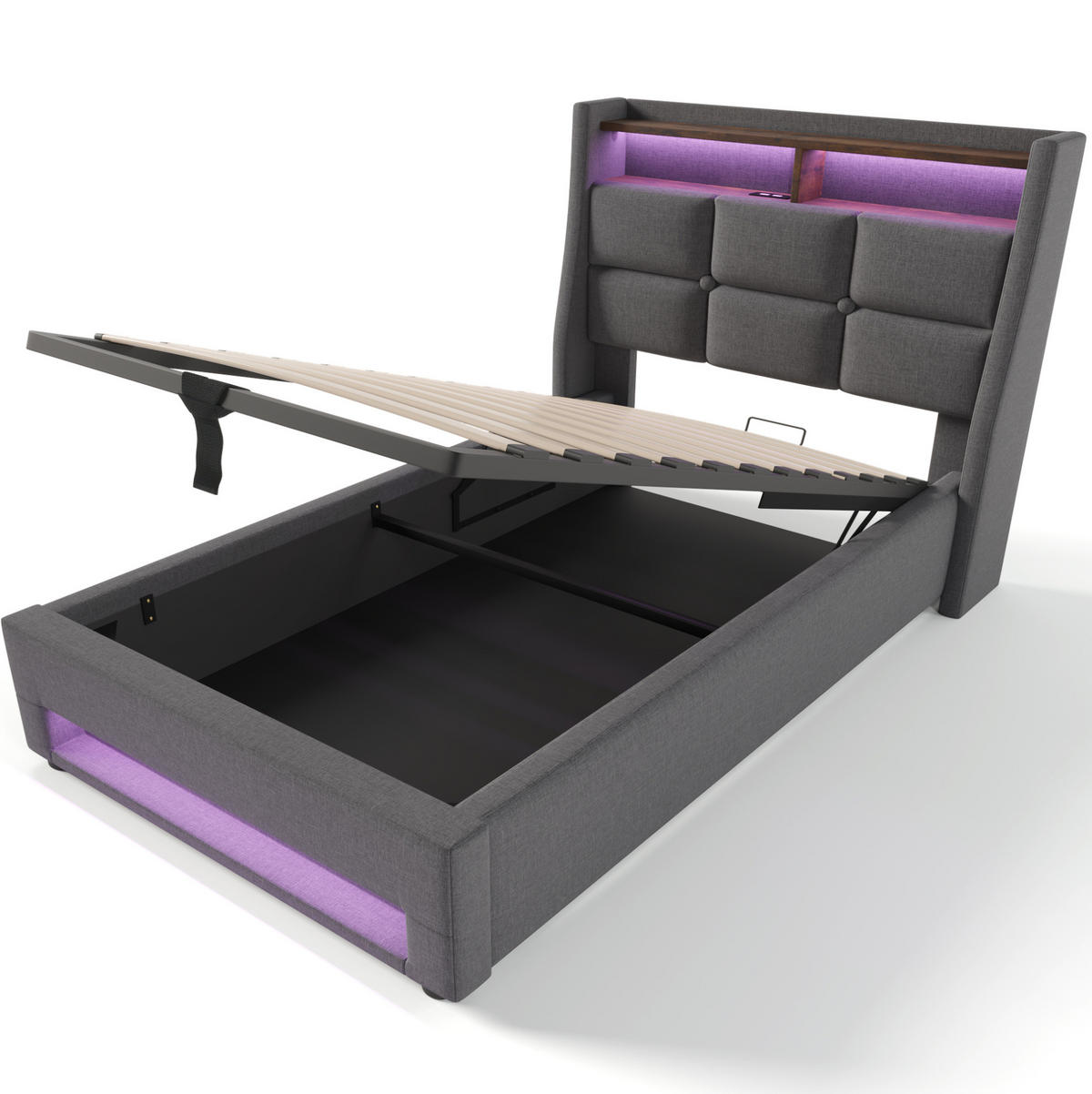 POLSTERBETT 90/200 cm Grau mit Bettkasten, LED und USB - Grau, Textil (90/200cm) - Flora Grace