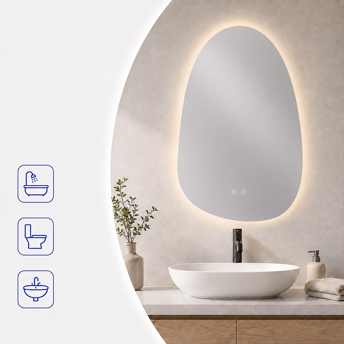 ZRCADLO stříbrné koupelnové LED proti zamlžení 80x52 cm - průhledná, kov/sklo (52/80/3cm) - Relaxdays