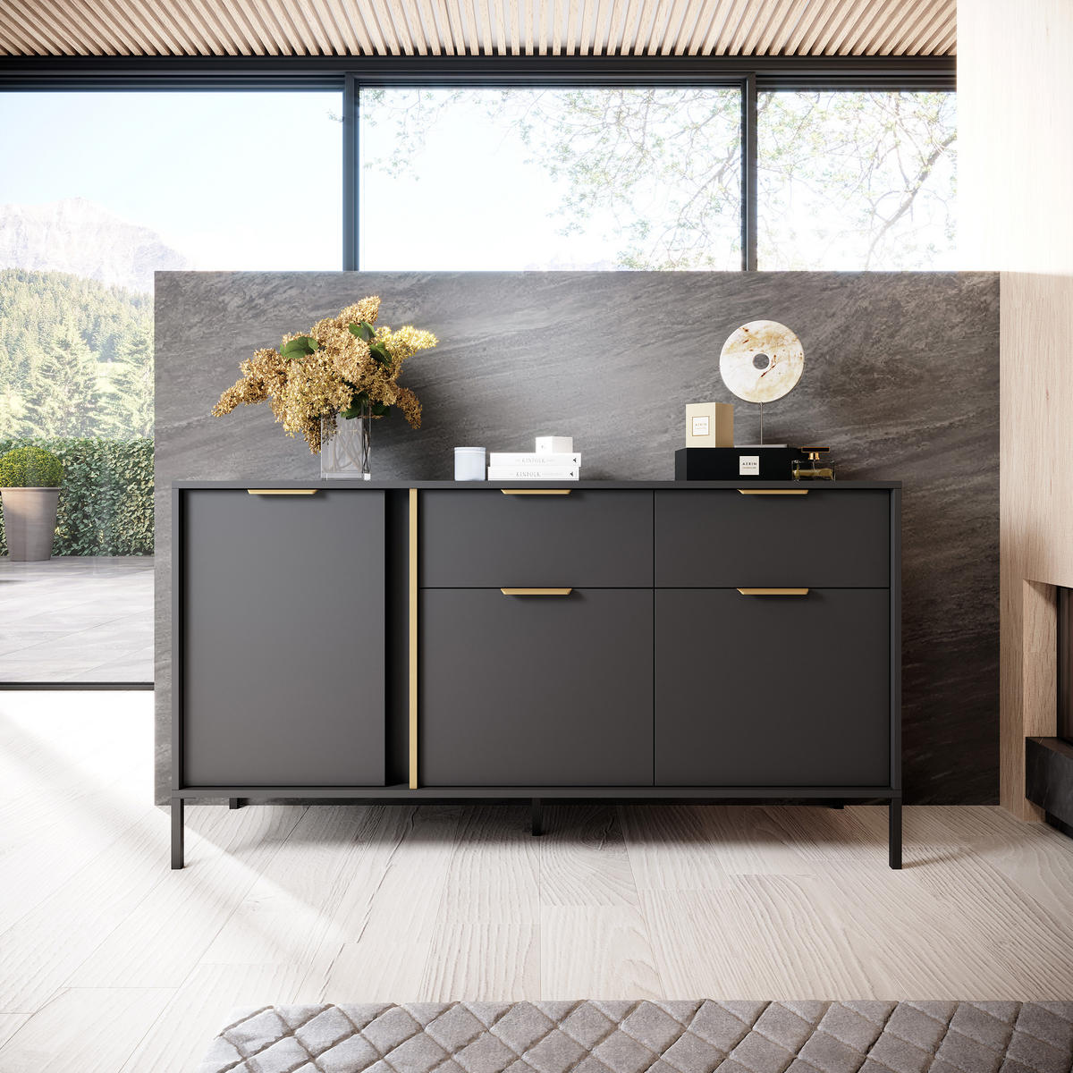 SIDEBOARD LORENZO 153/81/40 cm mit 2 Schubladen und 3 Türen Anthrazit - Anthrazit, Holzwerkstoff (153/81/40cm) - MASSENO