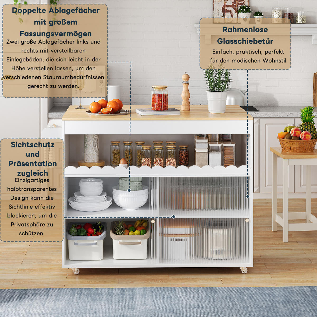 KÜCHENWAGEN in Weiß Buffet mit Schiebetüren,verstellbare Einlegeböden und Handtuchhalter, für Ess- - Weiß, Holzwerkstoff (122/91/69cm) - STILVORA