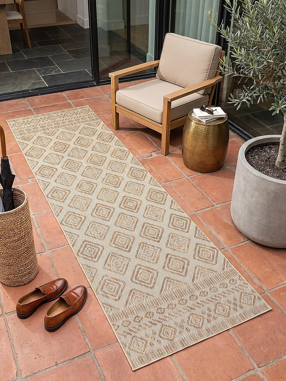 LÄUFER Outdoor, Fußbodenheizung-geeignet, mit Rautenmuster, VIGOLENO in Beige-Braun, 80 x 250 cm - Beige, Textil (80/250cm) - KADIMA DESIGN
