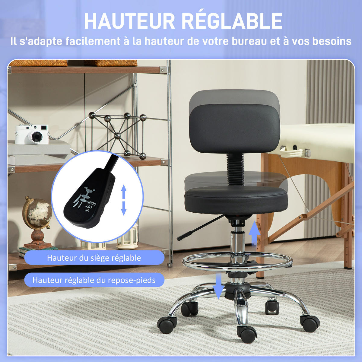 BÜROHOCKER DE-18031 höhenverstellbar 78-92 cm, mit Fußstütze Schwarz - Schwarz, Metall (52/92/52cm) - ComfortXL