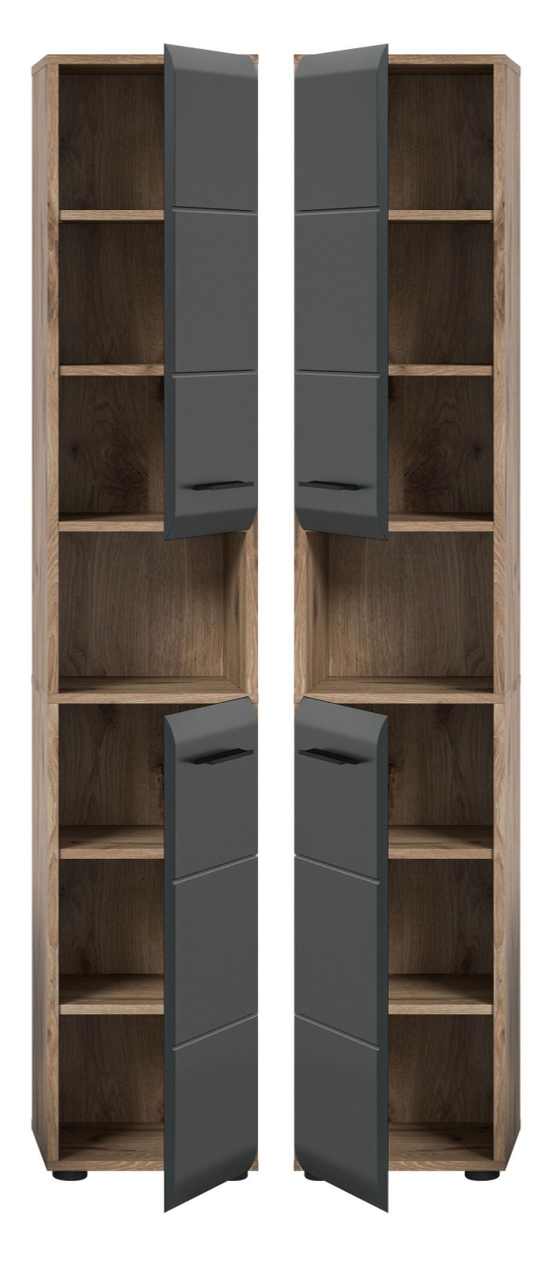 HOCHSCHRANK schwarz matt, Eiche Nox, Badschrank 2-türig 30 cm, 7 Fächer - Eichefarben/Schwarz, Holzwerkstoff/Kunststoff (30/185/30cm) - Inn.Furn