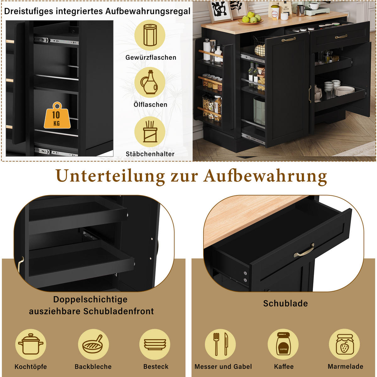 KÜCHENINSEL 115/40/87 cm schwarz mit ausziehbaren Schubladen - Schwarz, Holzwerkstoff (115/87/40cm) - OKWISH