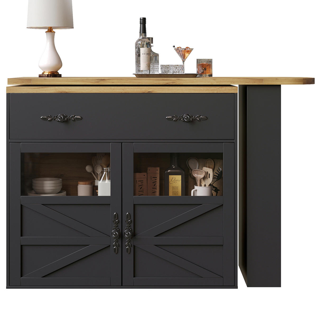 KÜCHENINSEL aus MDF 138-204x39x104cm in Schwarz mit 360° Drehfunktion - Schwarz, Holzwerkstoff (39/104/204cm) - Modfu