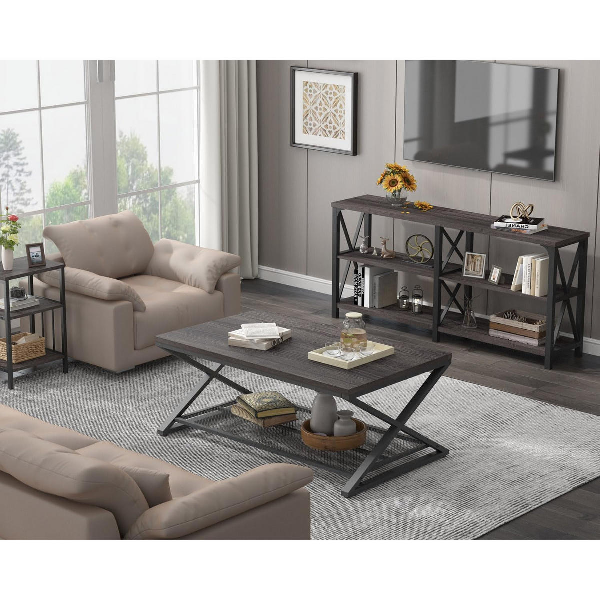 COUCHTISCH Holz Metall Industrial mit Ablage 120 x 60 x 45 cm - Dunkelgrau, Holzwerkstoff/Metall (60/120/45cm) - Quality Elegance