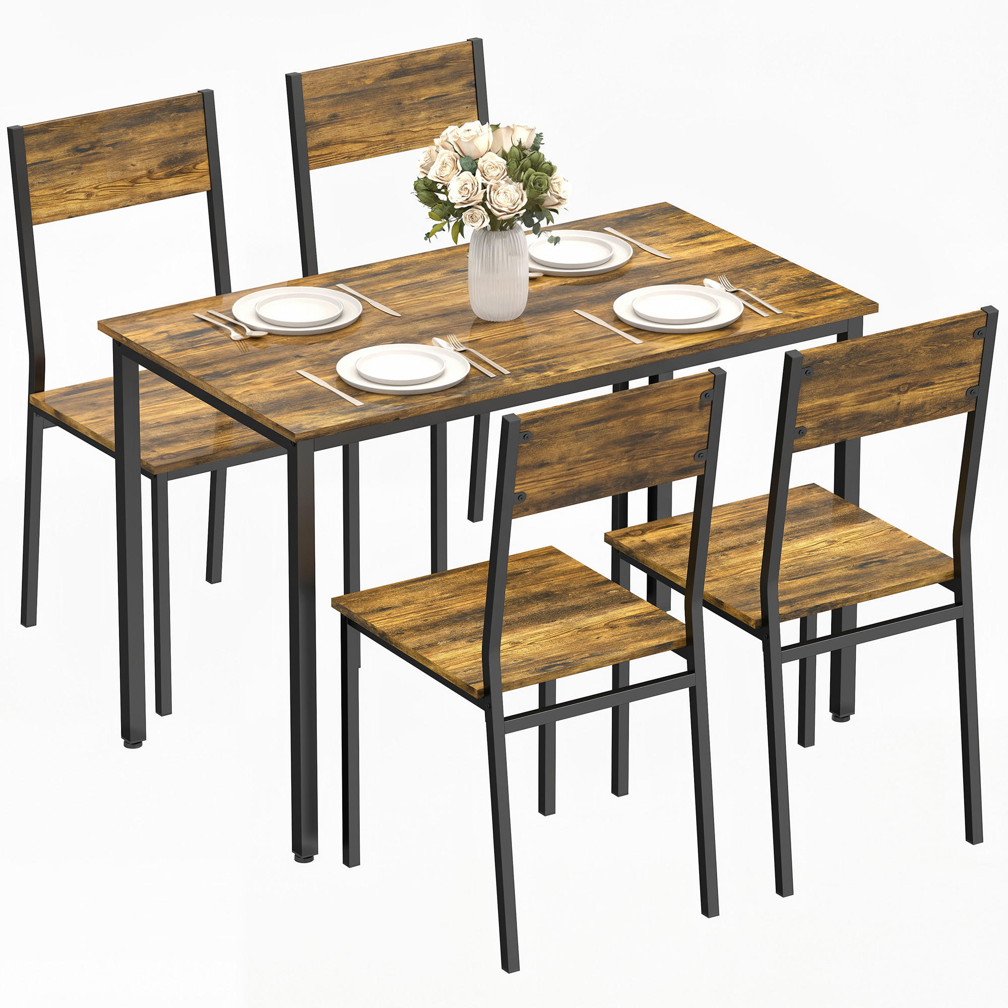 ESSGRUPPE mit Tisch und 4 Stühlen, Küchentisch mit Stühlen für 4 Personen, Metallbeine, rustikales Braun - Naturfarben, Metall (108/76/60cm)