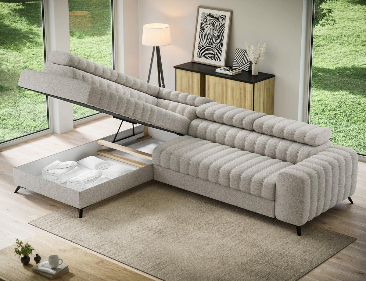 KANEDO Ecksofa mit Schlaffunktion und Bettkasten – Modernes Designsofa, verstellbare Kopfstützen, Metallfüße - Beige, Kunststoff (269/86cm) - Wohnideebilder