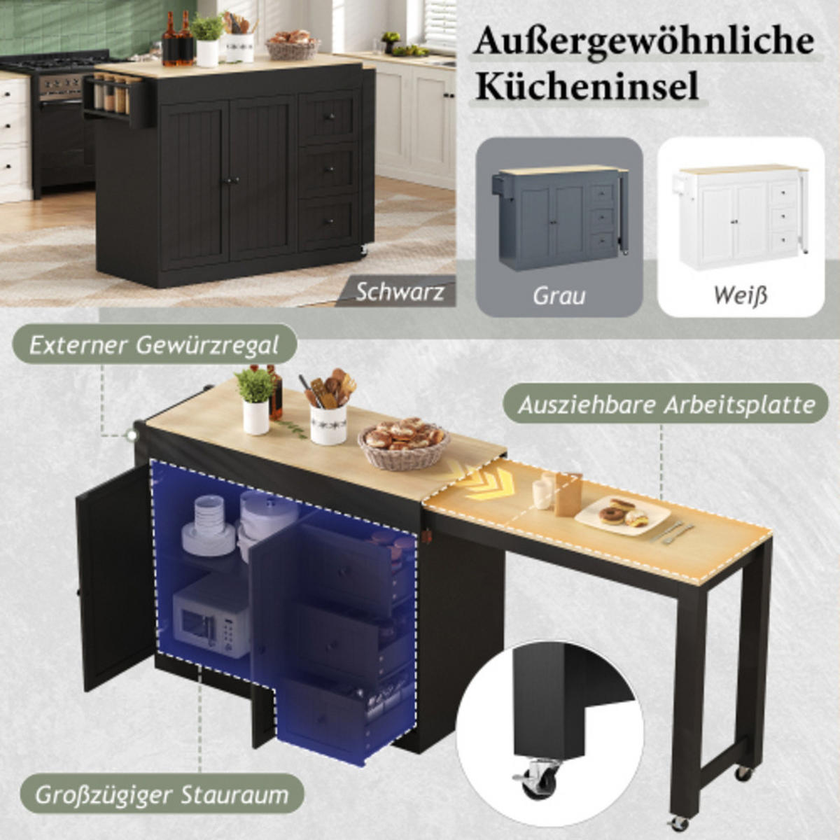 KÜCHENINSEL mit seitlich ausziehbarer Arbeitsplatte schwarz 112-186,8×45×93 cm aus MDF - Schwarz, Holzwerkstoff (186.8/93/45cm) - Luhomfu