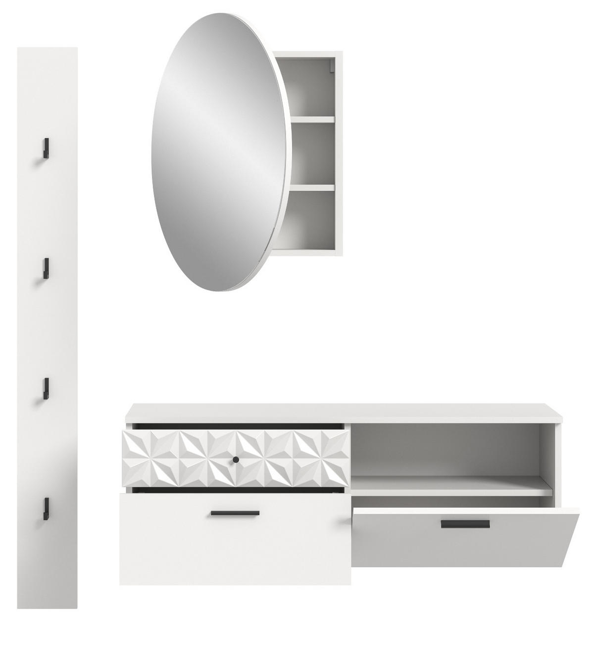 GARDEROBE Set weiß Hochglanz 140 cm, Kombination mit 3D-Struktur - Weiß Hochglanz/Schwarz, Glas/Holzwerkstoff (141/192/34cm) - Inn.Furn