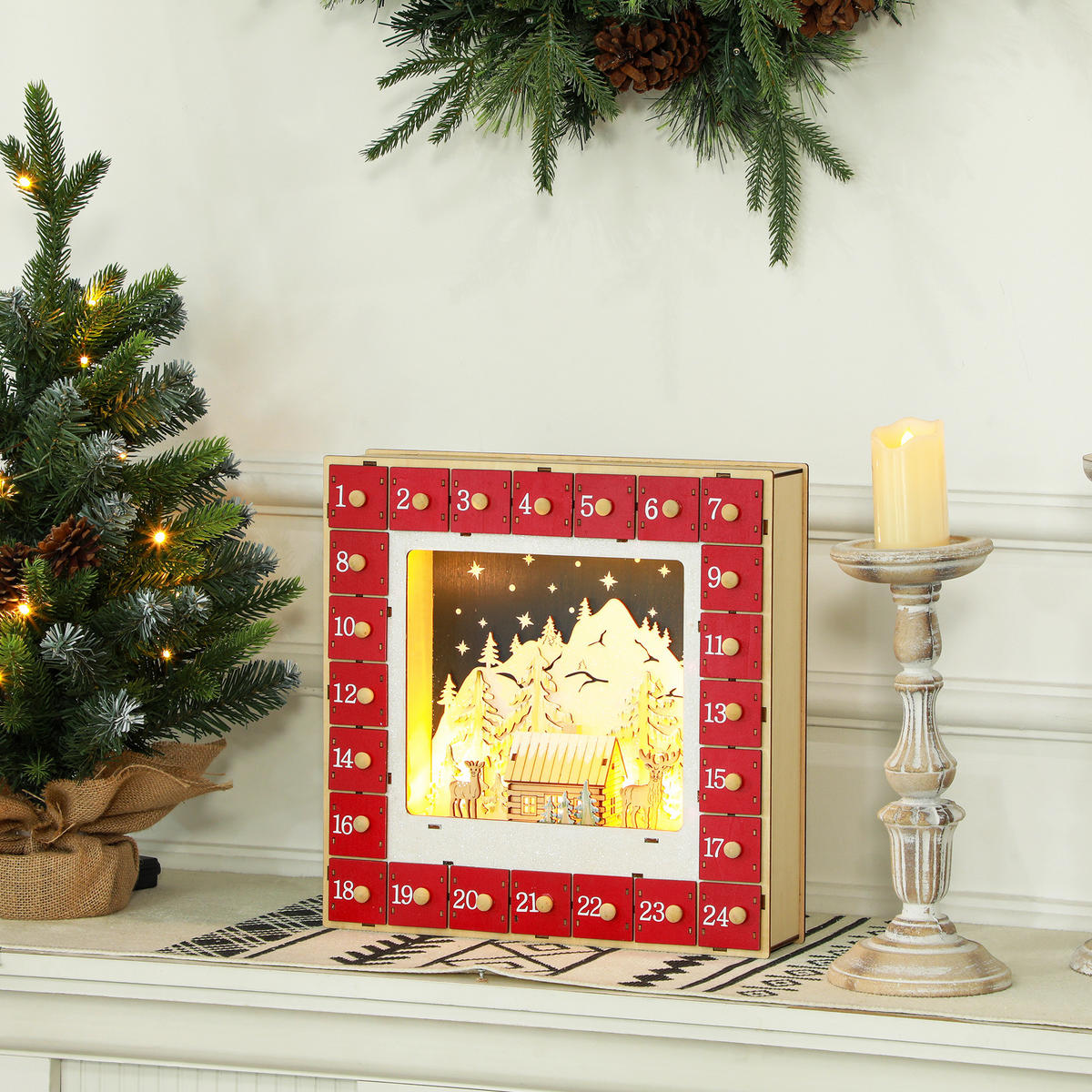 WEIHNACHTS-ADVENTSKALENDER - Rot, Holzwerkstoff (7/34/34cm) - HOMCOM