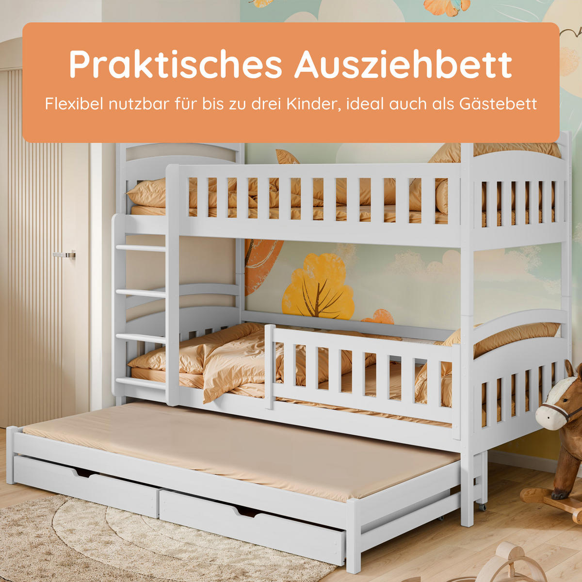 ETAGENBETT 90x200 cm mit Ausziehbett, zwei Schubladen & drei Matratzen in Kaschmir - Kaschmir, Holzwerkstoff (90/200cm) - Kids Collective