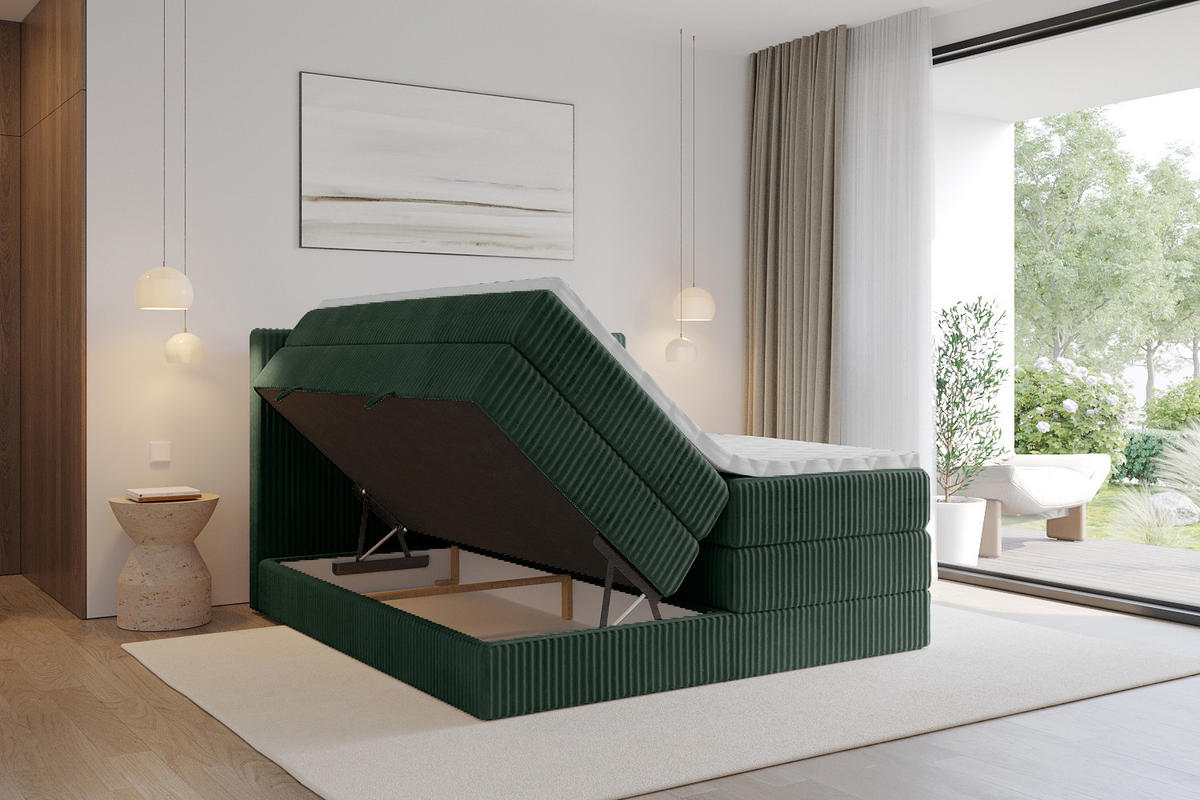 BOXSPRINGBETT mit Matratze H3|H4 und Lattenrost - TOLO KING 140x200 Cord - Dunkelgrün - Dunkelgrün, Holzwerkstoff (140/200cm) - ALTDECOR