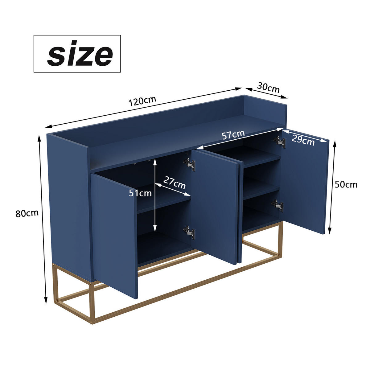 SIDEBOARD, 120/80/30 cm, mit 4 Türen, MDF, blau - Blau, Holz/Metall (120/80/30cm) - GENKI LIVING