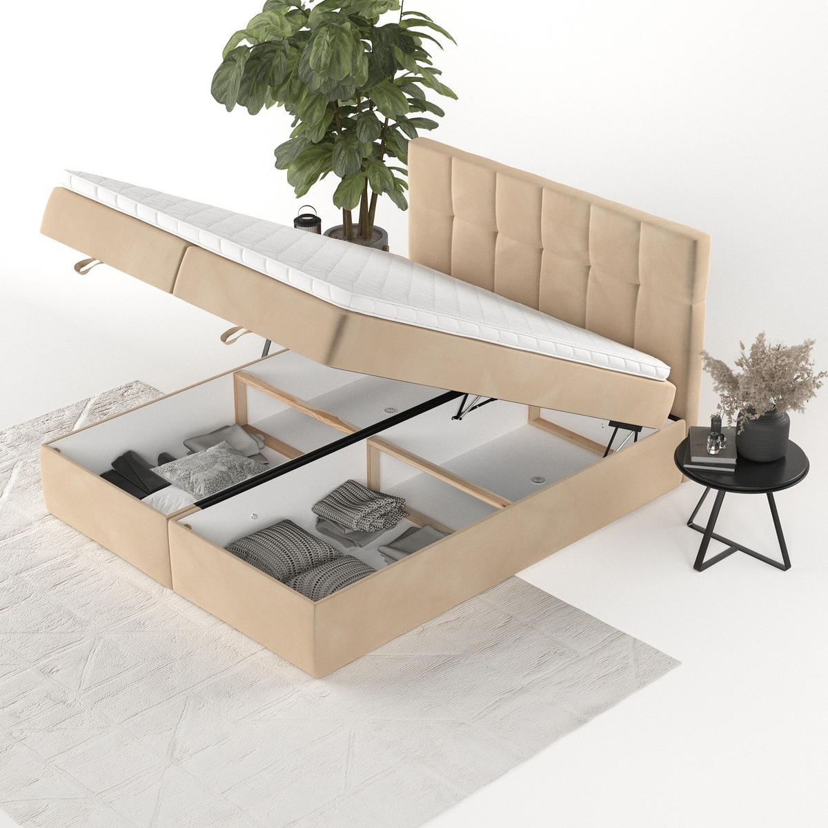 BOXBETT Savio 200/200 cm Beige im Kronos Stoff - Beige/Schwarz, Holz/Holzwerkstoff (200/200cm) - AltaBeds