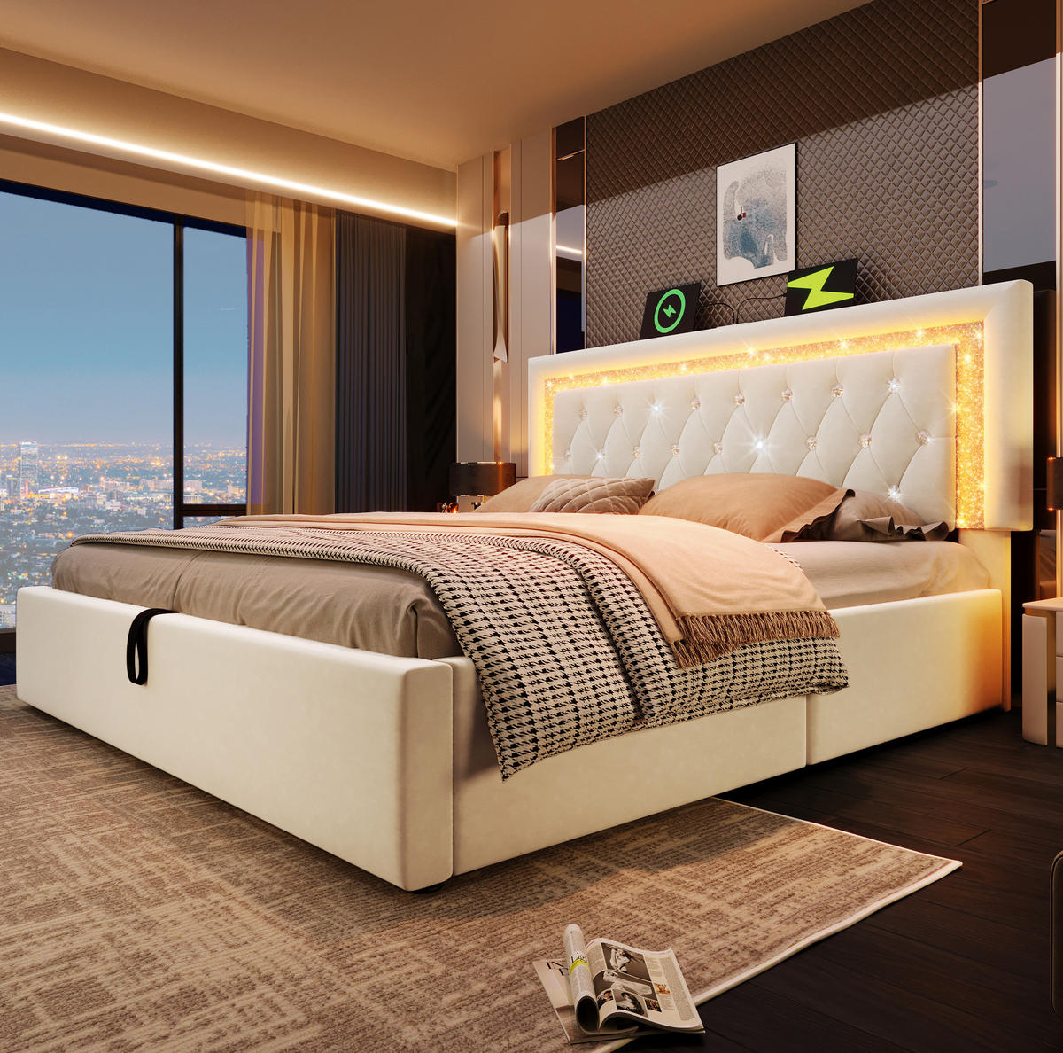 ČALÚNENÁ posteľ z velvetu 180x200 cm béžová s LED osvetlením, USB a USB-C, hydraulickým úložným priestorom - béžová, textil (180/200cm) - Modfu