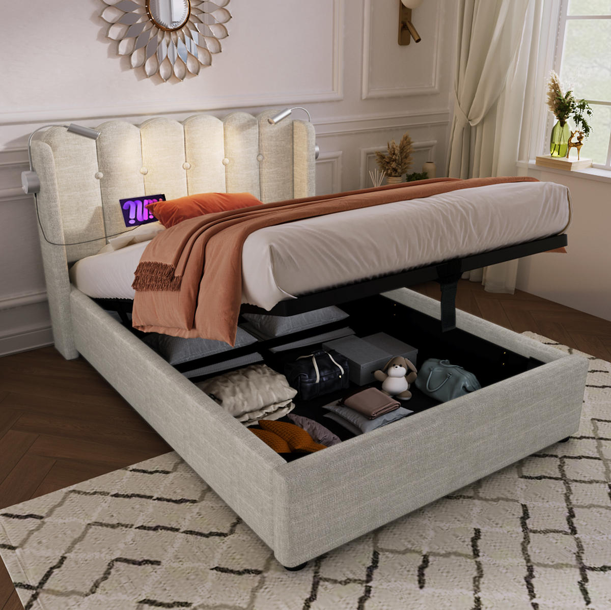 BETT mit Bettkasten und Matratze 90x200 cm Leinen Beige, mit Leselicht und USB - Beige, Metall (90/200cm) - Beauniv