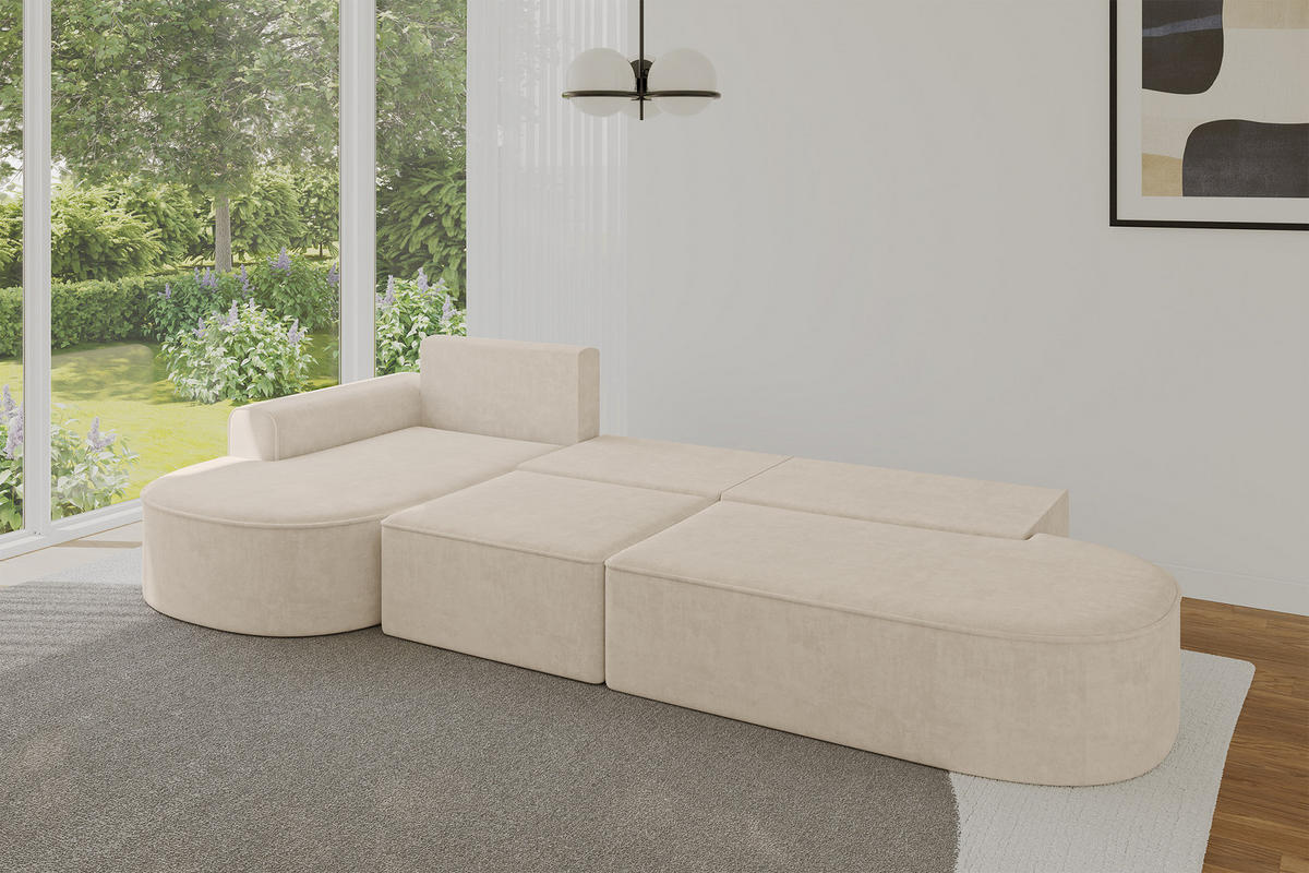 ECKSOFA mit Schlaffunktion Ottomane Links MARI L2-S 368X167X85 Beige Velours - Sandfarben/Schwarz, Holzwerkstoff/Kunststoff (368/167cm) - ALTDECOR