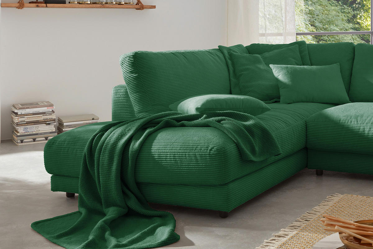 ECKSOFA MADELINE Smaragdgrün Cord - Smaragdgrün/Schwarz, Kunststoff/Textil (325/224cm) - KAWOLA