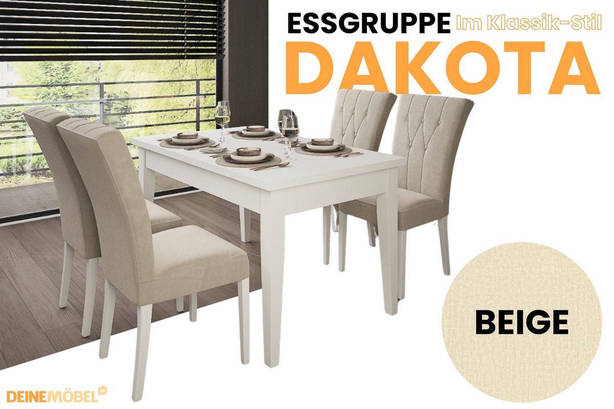 TISCHGRUPPE DAKOTA 140/80 cm in Weiß mit 6 Stühlen in Beige - Beige/Weiß, Holz/Holzwerkstoff (80/77/140cm) - Deine Möbel 24