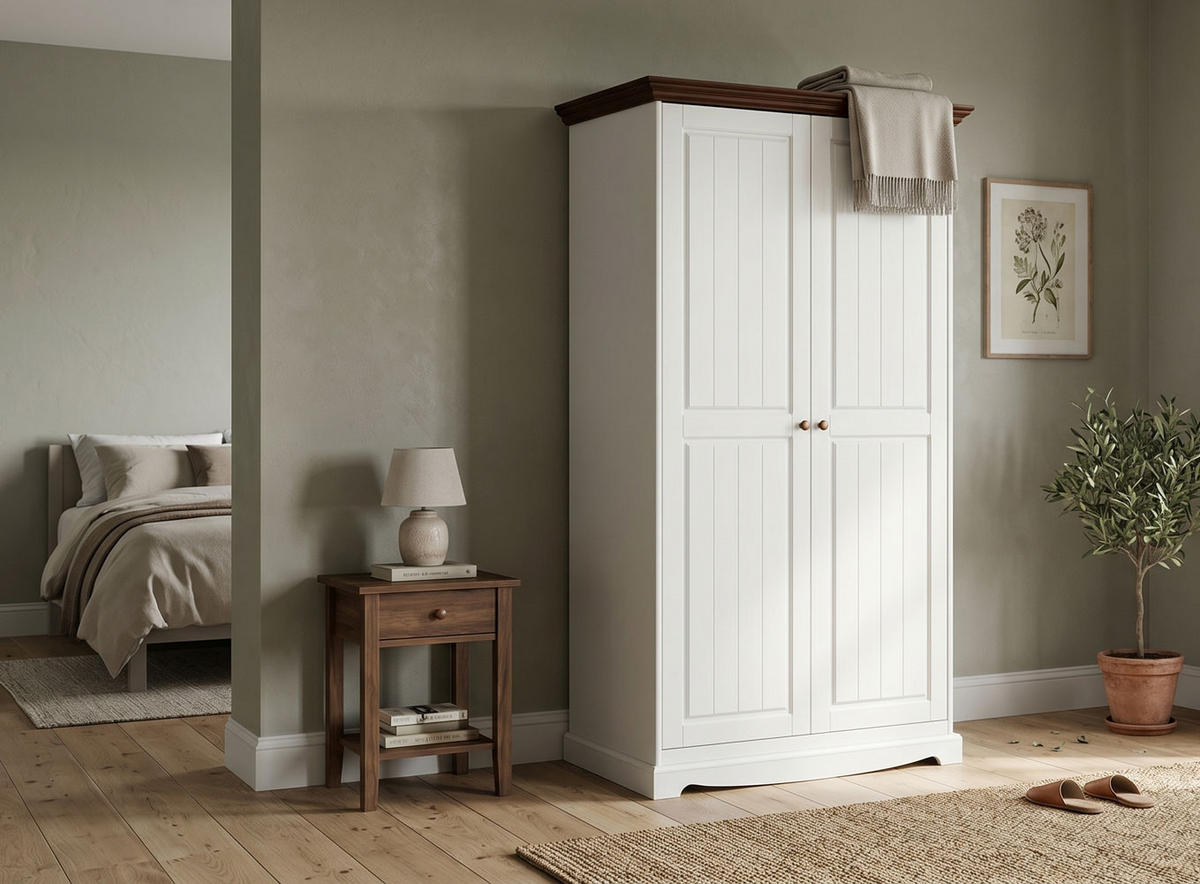 KLEIDERSCHRANK Belluno Elegante Kiefer weiß (RAL9010) lackiert / Kiefer gebeizt, Nussbaumfarben 107 / 64 / 190cm - Nussbaumfarben/Weiß, Holz/Metall (107/190/64cm) - Feldmann-Wohnen