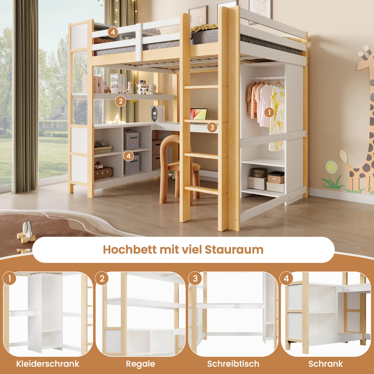 HOCHBETT mit Schreibtisch und Kleiderschrank Natur 140x200 cm Holz - Naturfarben, Holz (140/200cm) - SONNENH