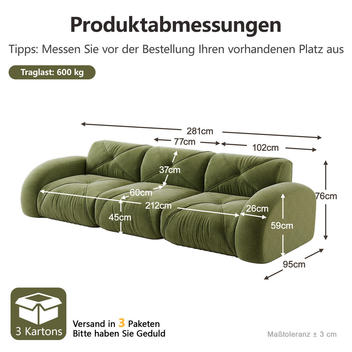 3-SITZER-SOFA DE-34276 modular Grün - Grün, Textil (95/76/281cm) - ComfortXL