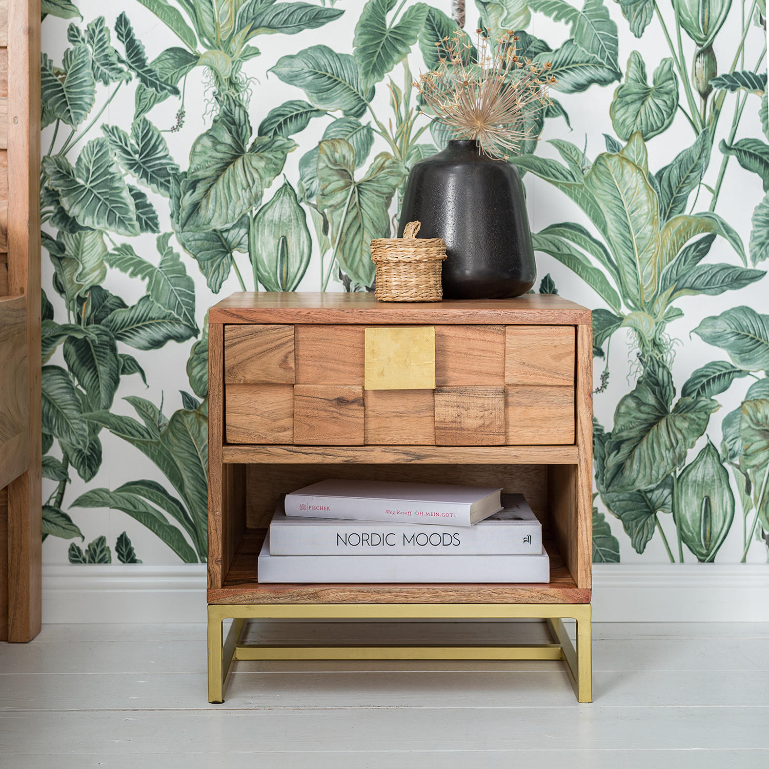 NACHTTISCH - Akazie massiv / Gold - Goldfarben/Akaziefarben, Holz (40/40/35cm) - home24