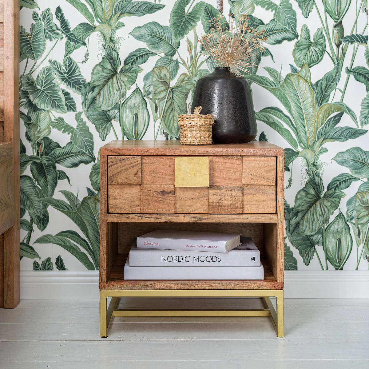 NACHTTISCH - Akazie massiv / Gold - Goldfarben/Akaziefarben, Holz (40/40/35cm) - home24