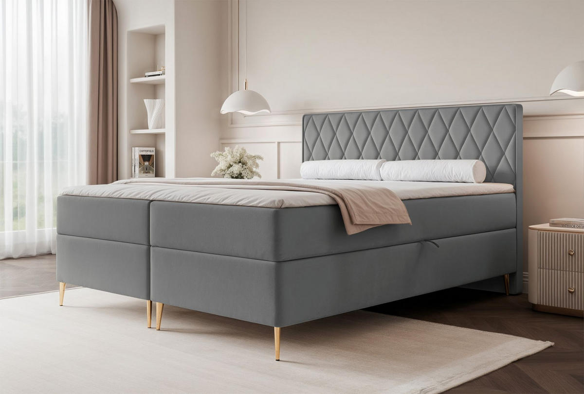 BOXBETT Caresso Blau-grau, Velours, 180x200 cm - Goldfarben/Hellgrau, Textil/Metall (180/200cm) - Selsey