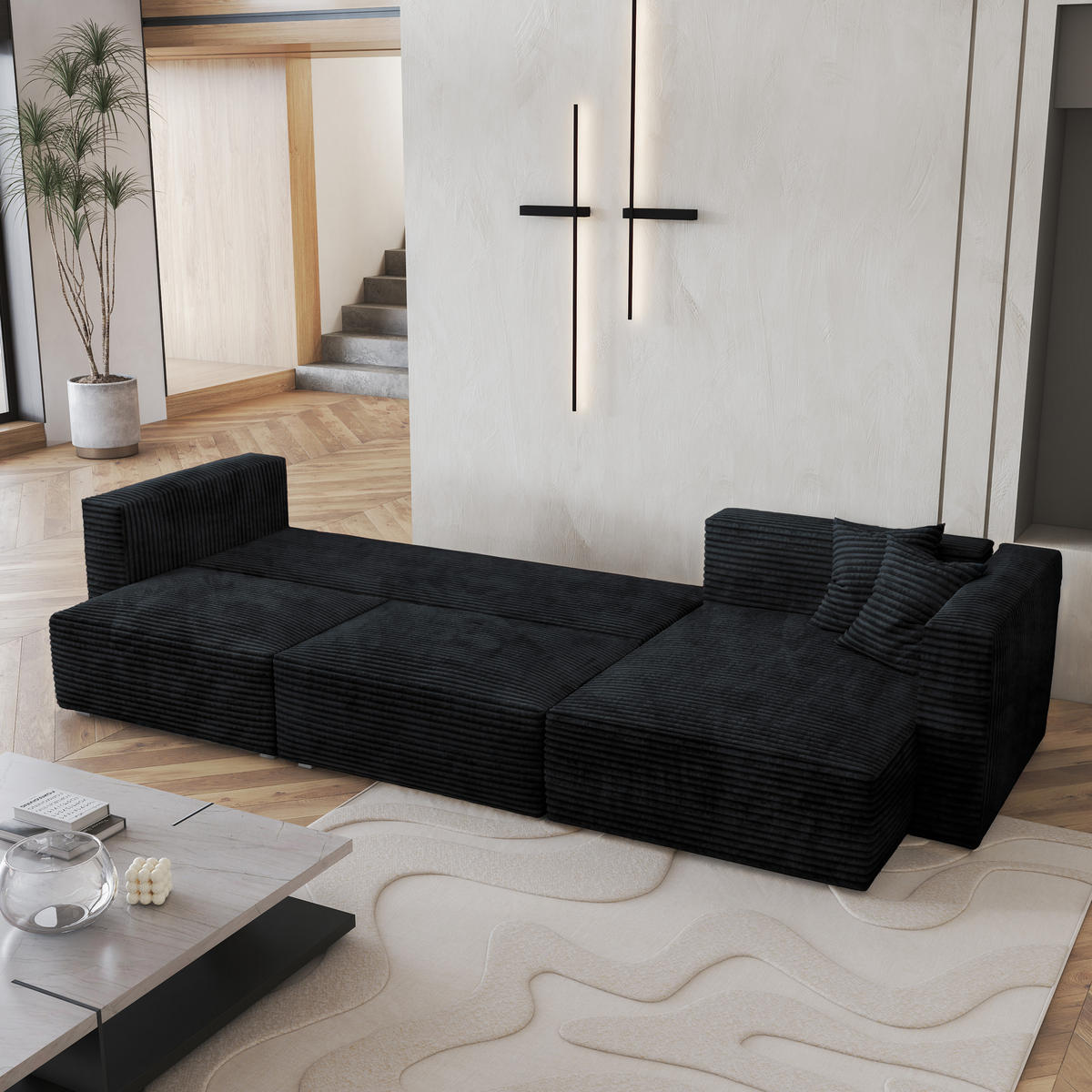 ECKSOFA TOLMO Schwarz Kordstoff mit Schlaffunktion - Schwarz, Holz (347/148cm) - MASSENO