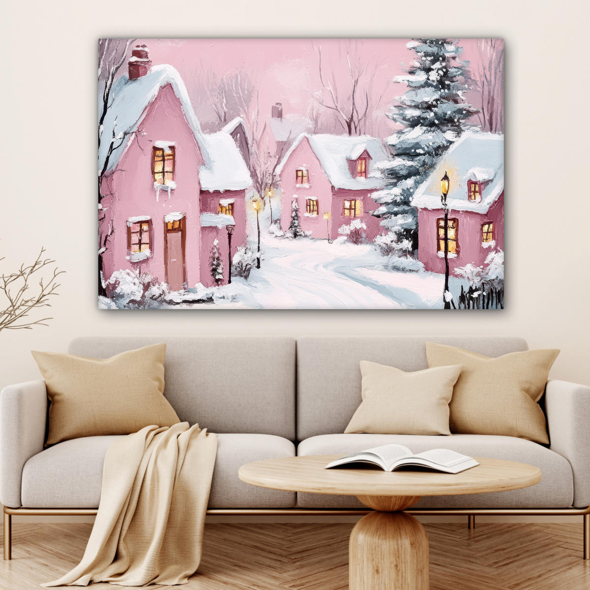 LEINWANDBILD Weihnachtsdorf - Rosa - Winter - Schnee - Häuser Wohnzimmer Groß 120x80 cm - Altrosa, Textil (120/80cm) - MuchoWow