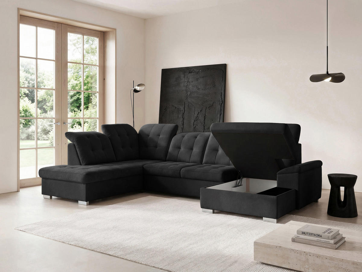 WOHNLANDSCHAFT ANON Ottomane Links, mit Schlaffunktion und Bettkasten, Schwarz - Schwarz, Kunststoff/Textil (322/87/220cm) - Idohome