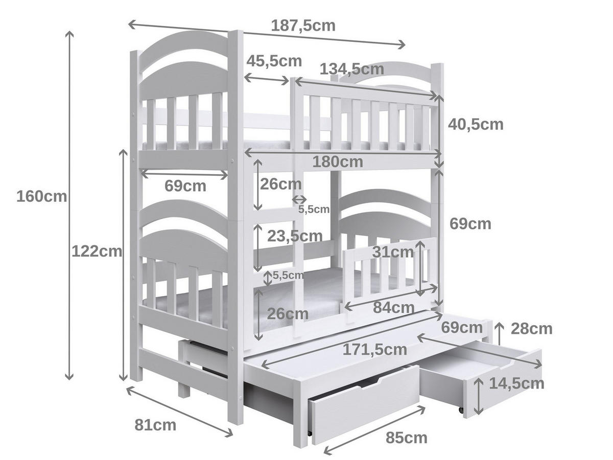VYSOKÁ Postel DUMBO 75x180 s úložným prostorem, Bílá - bílá, dřevo (75/180cm) - MASSENO