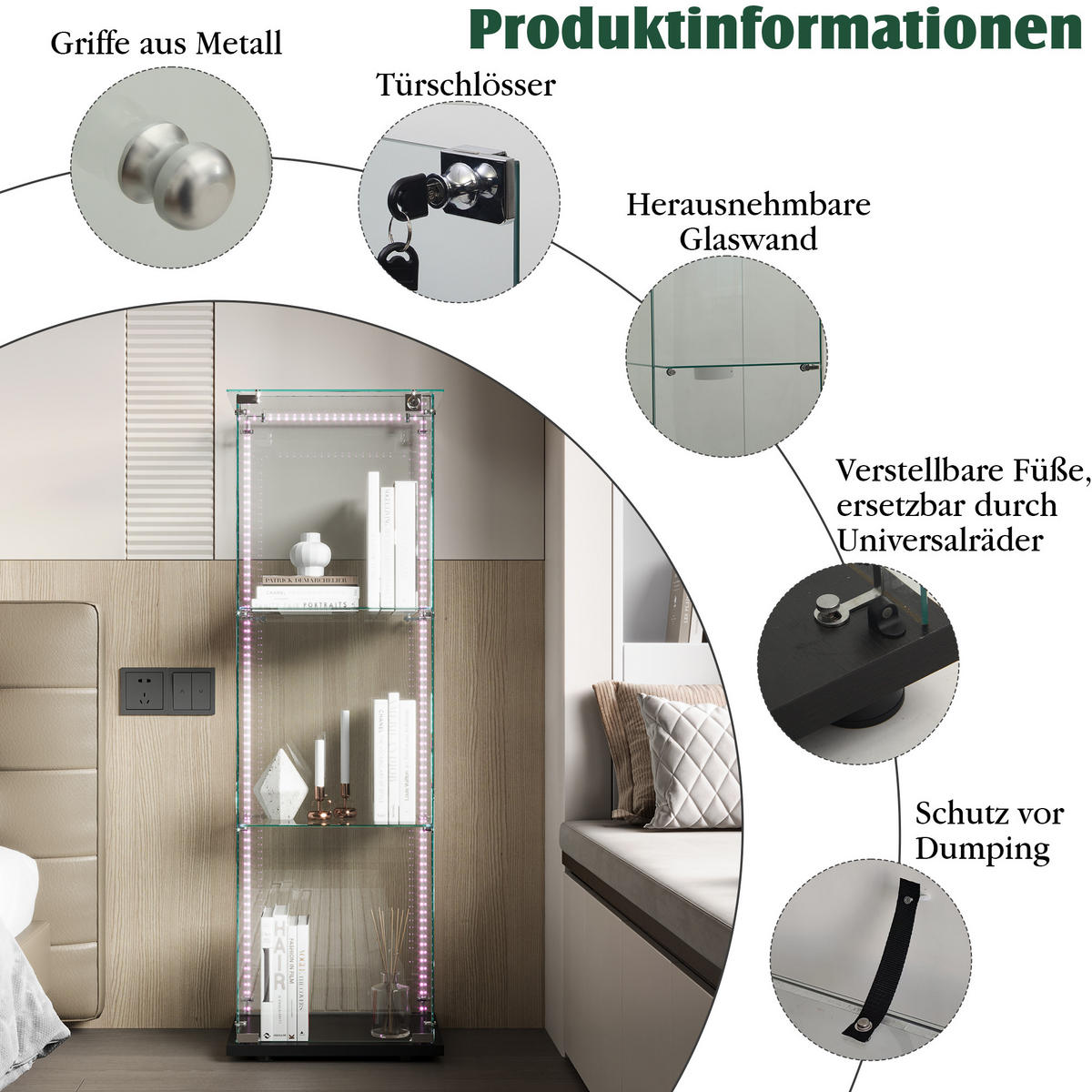 VITRINE, LED-Lichtleiste, 3 Einlageplatten, einzeltür mit Schloss, Schwarz - Schwarz, Glas (39.8/123.3/35cm) - BRILVERDE