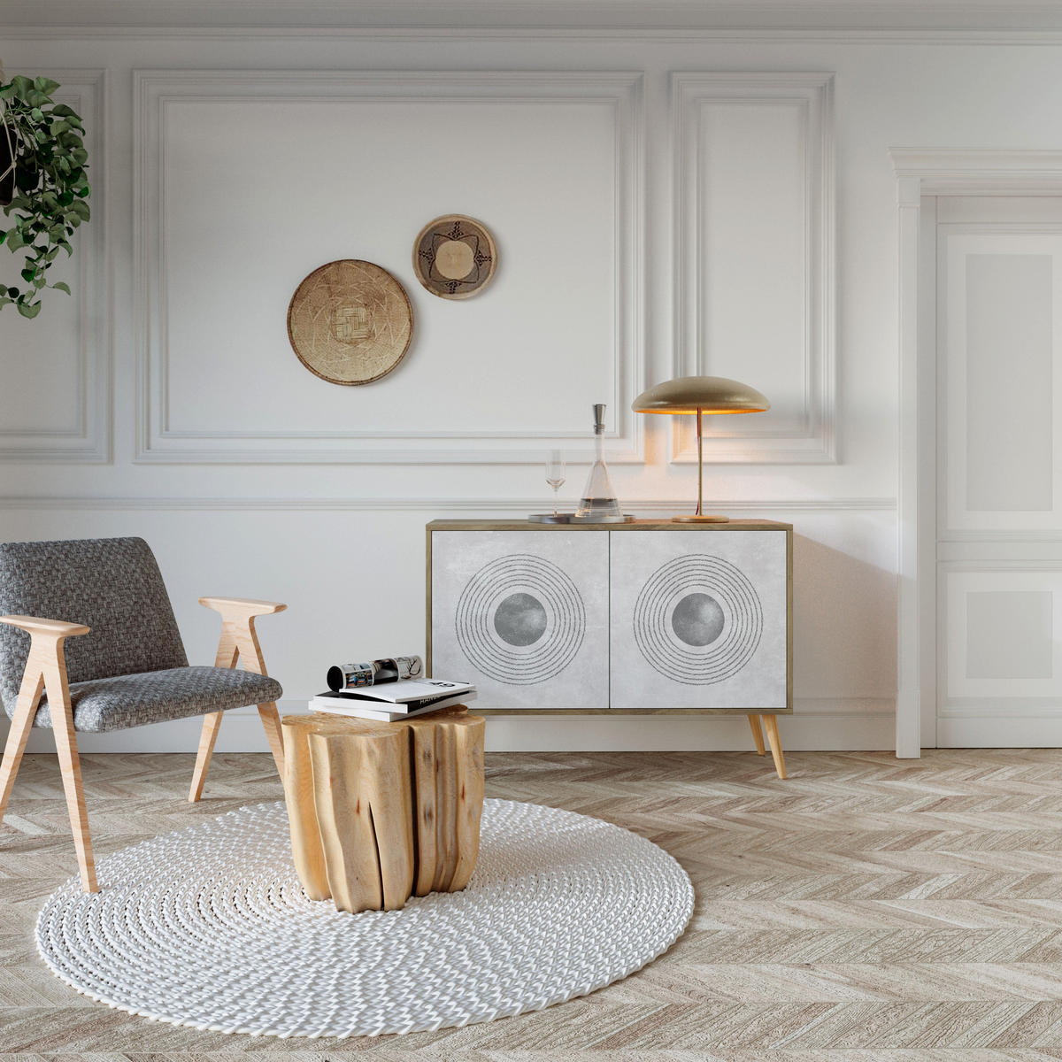 SIDEBOARD SOLID CIRCLES, Eicheneffekt, 111x42x77,5 cm, 2 Türen - Eichefarben/Buchefarben, Holzwerkstoff/Buchenholz (111/77.5/42cm) - SpaceRebels