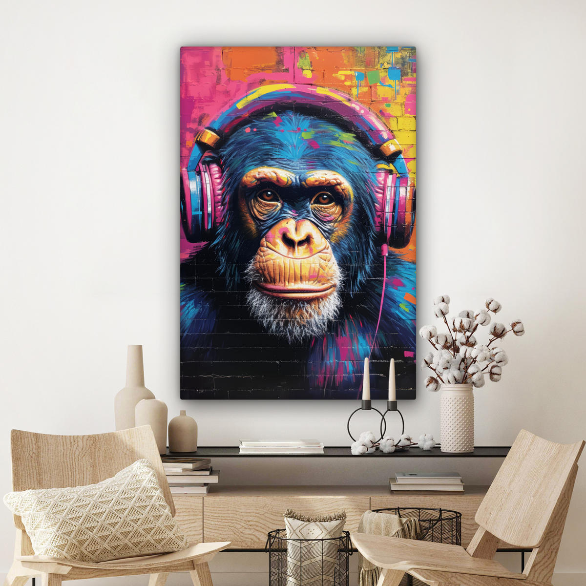 LEINWANDBILD Graffiti - Schimpanse - Straßenkunst - Kopfhörer - Affe Deko XXL 80x120 cm - Blau, Textil (80/120cm) - MuchoWow