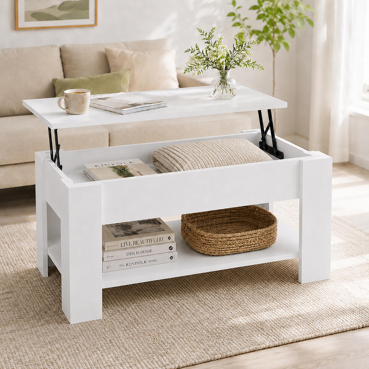 COUCHTISCH Weiß höhenverstellbar Stauraum 98x50 cm - Weiß, Holzwerkstoff/Metall (50/98/42cm) - Relaxdays