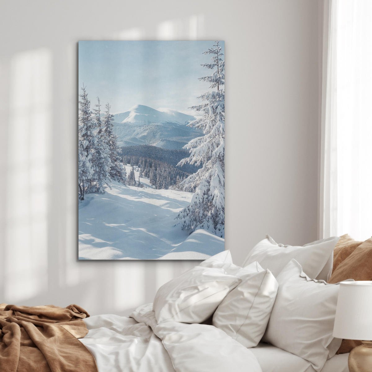 AKUSTIKPANEEL Winterlandschaft - Natur - Berge - Bäume - Schnee 70x100 cm - Hellblau, Textil (70/0.9/100cm) - MuchoWow