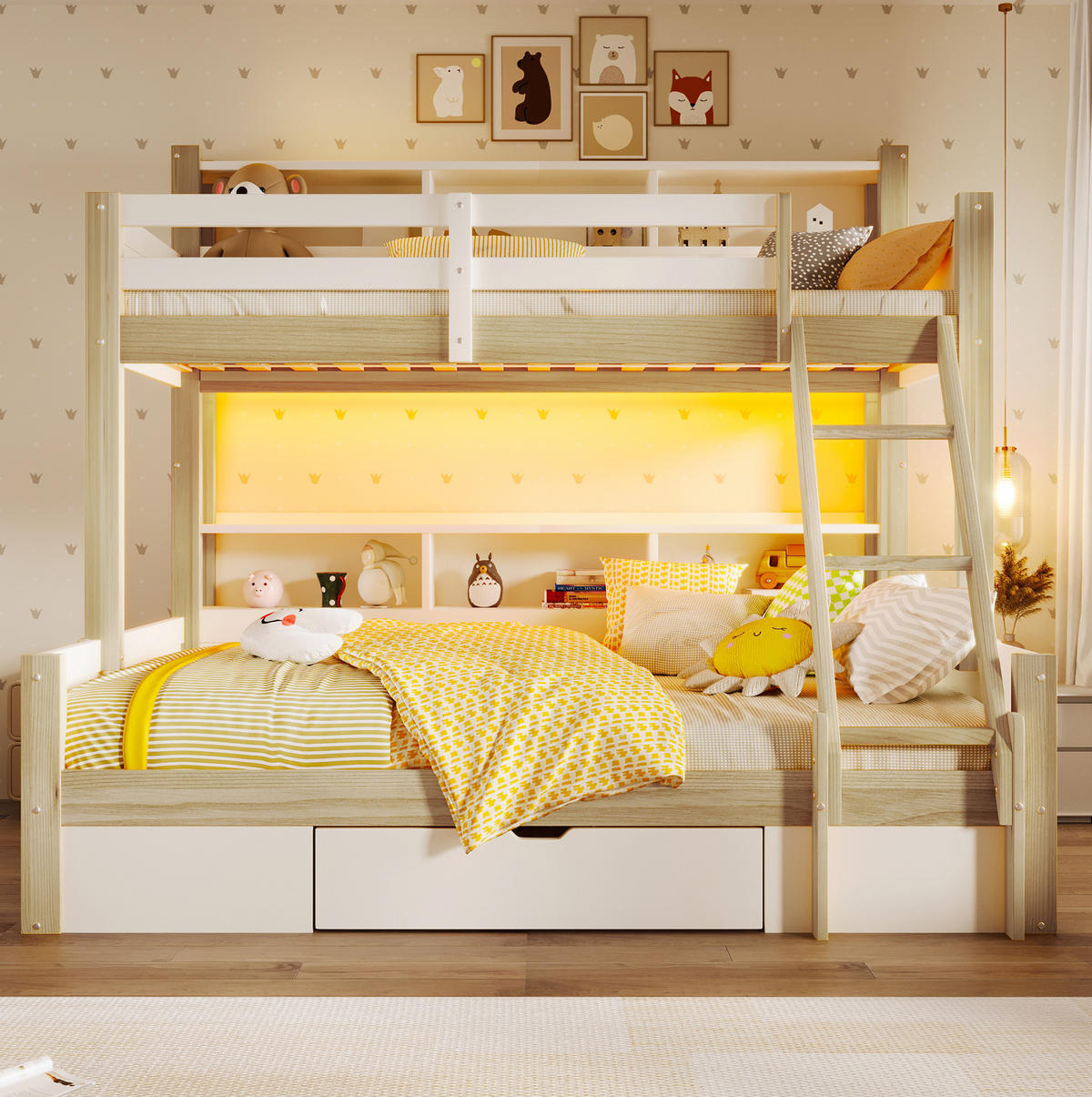 ETAGENBETT 90/200 + 140/200 cm mit LED-Beleuchtung, flexibler Leiter, Stauraum und Bettgitter, Kiefer Massivholz, Weiß/Natur - Weiß, Holz (90/200cm) - Redom