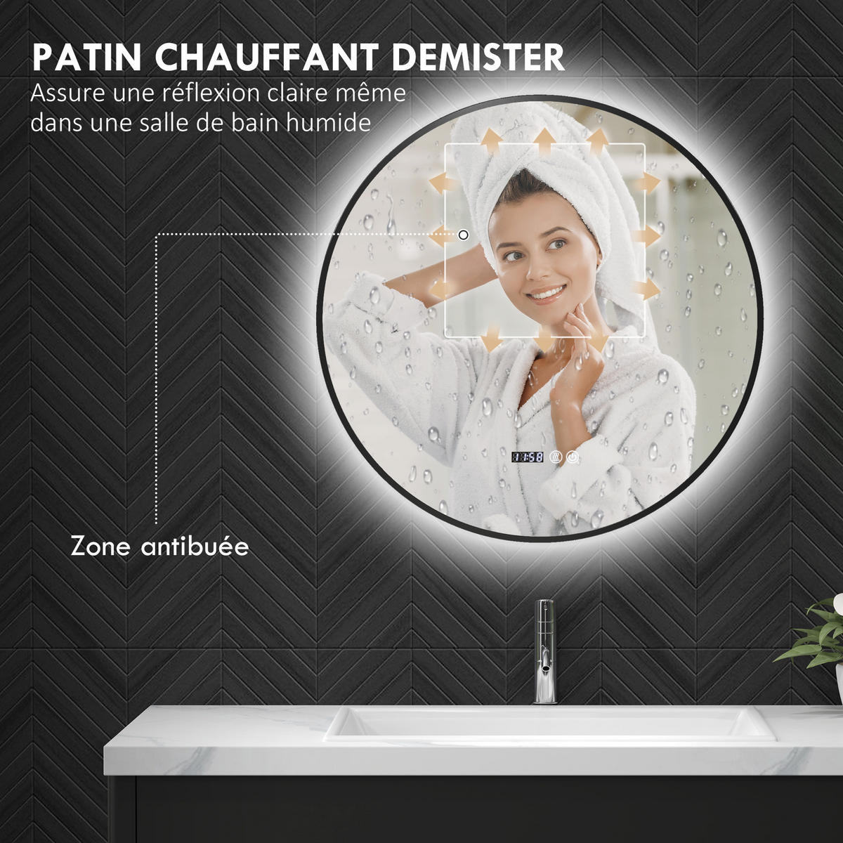 BADEZIMMERSPIEGEL,EINSTELLBARER Helligkeit,Touch-Schalter,70cm Durchmesser,schwarz - Schwarz, Glas (3/70/70cm) - Vallsero