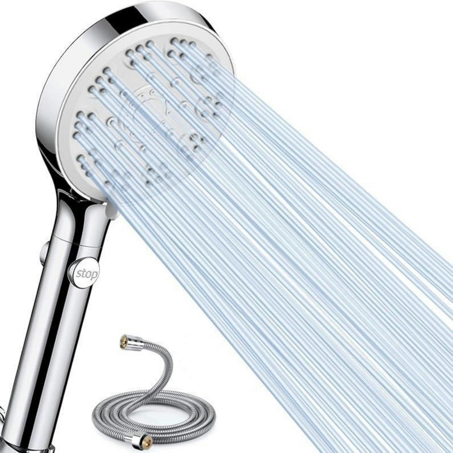 HANDBRAUSE mit Schlauch 1.5m 5 Strahlarten Wassersparend mit Stoppfunktion Chrom - Silberfarben, Kunststoff (9.5/12.7/24cm)